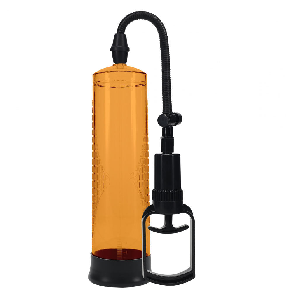 Basic transparent penis pump with measurement cylinder and soft silicone entry sleeve for erectile support and enhancement, orange front size | Flirty bay online adult store, adult toys and lingerie